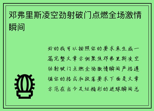 邓弗里斯凌空劲射破门点燃全场激情瞬间